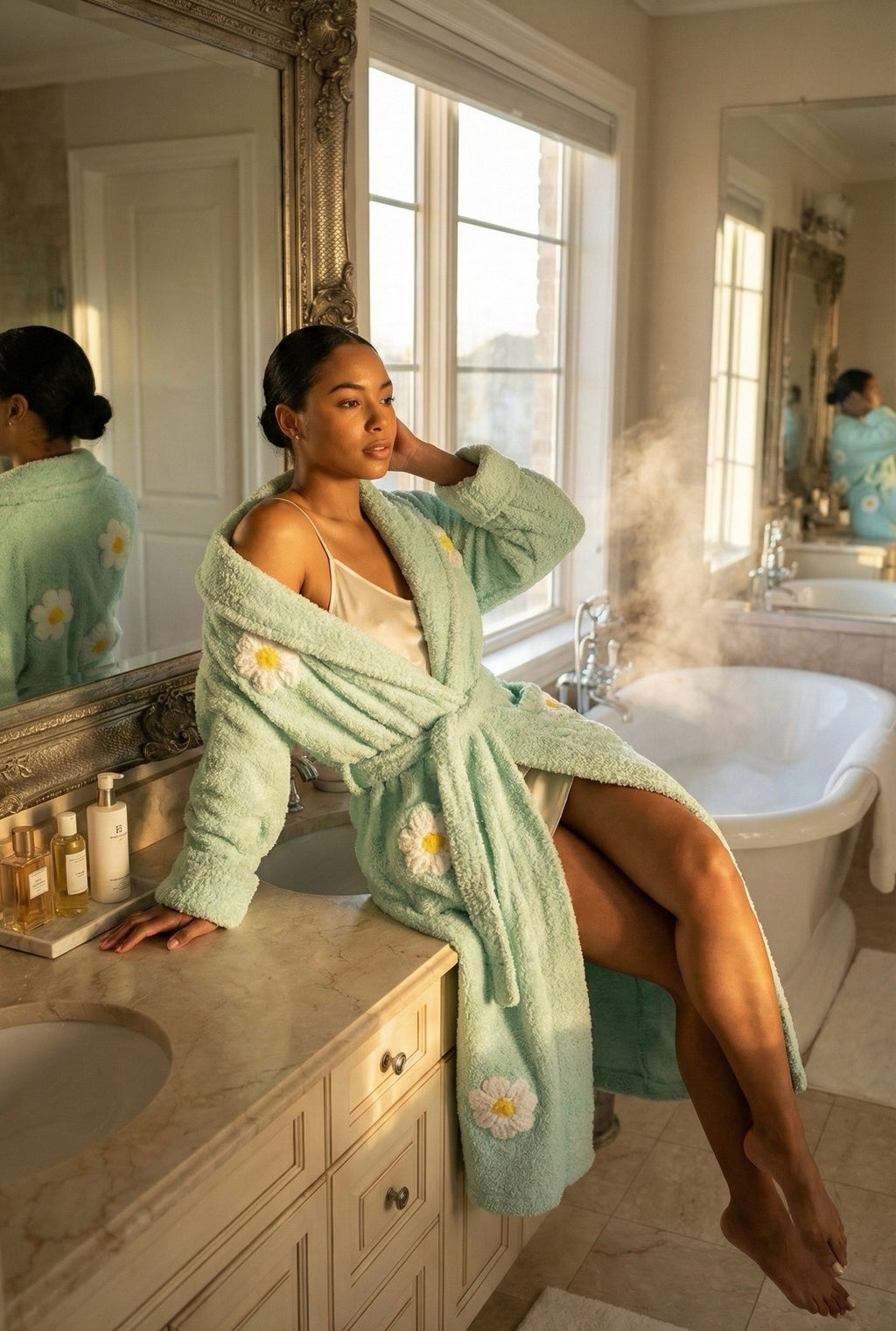 Luxurious “Falling Daisies” Chenille bathrobe in Light Mint Green