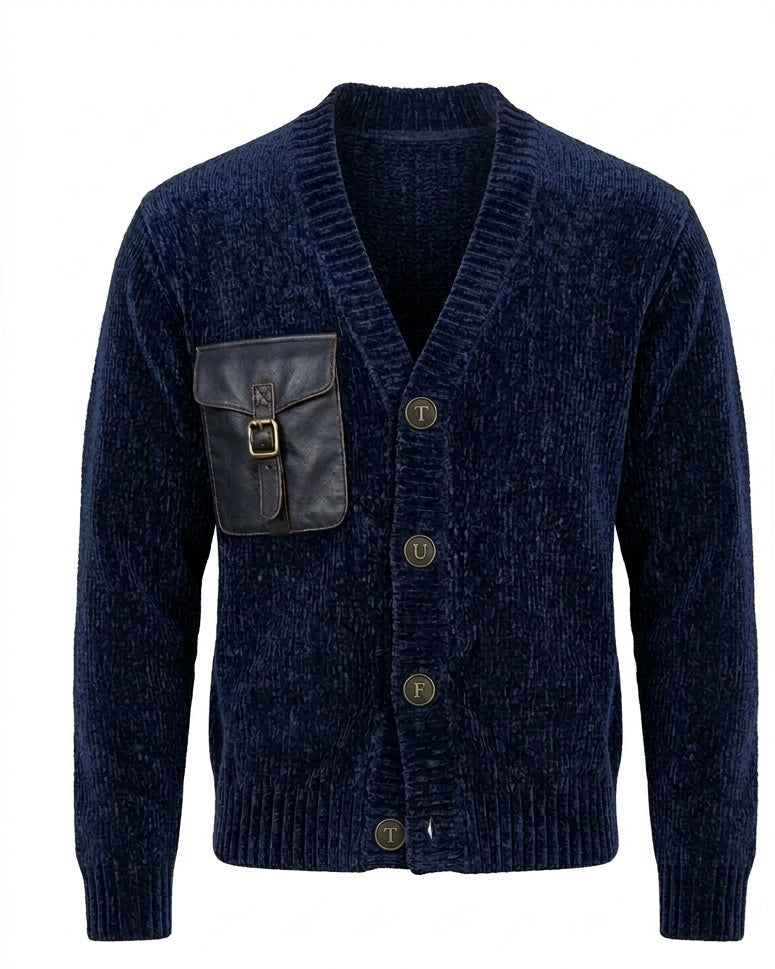 Vintage Tuft Cargo pocket Chenille Cardigan- Navy Blue