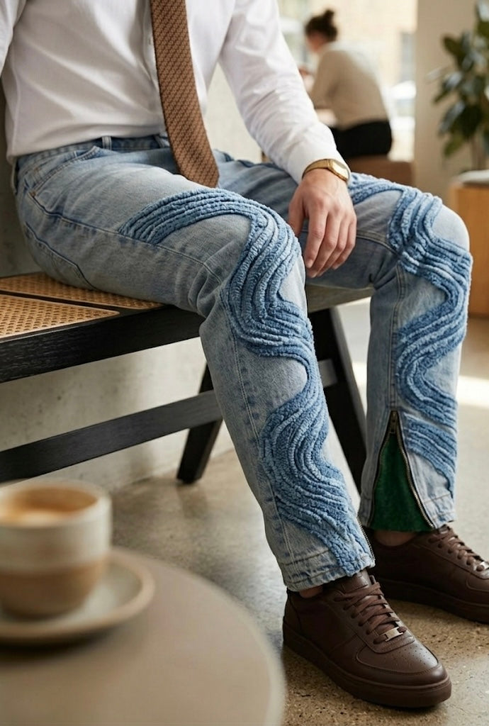 Harbor Light house water flow  jeans Blue wash denim