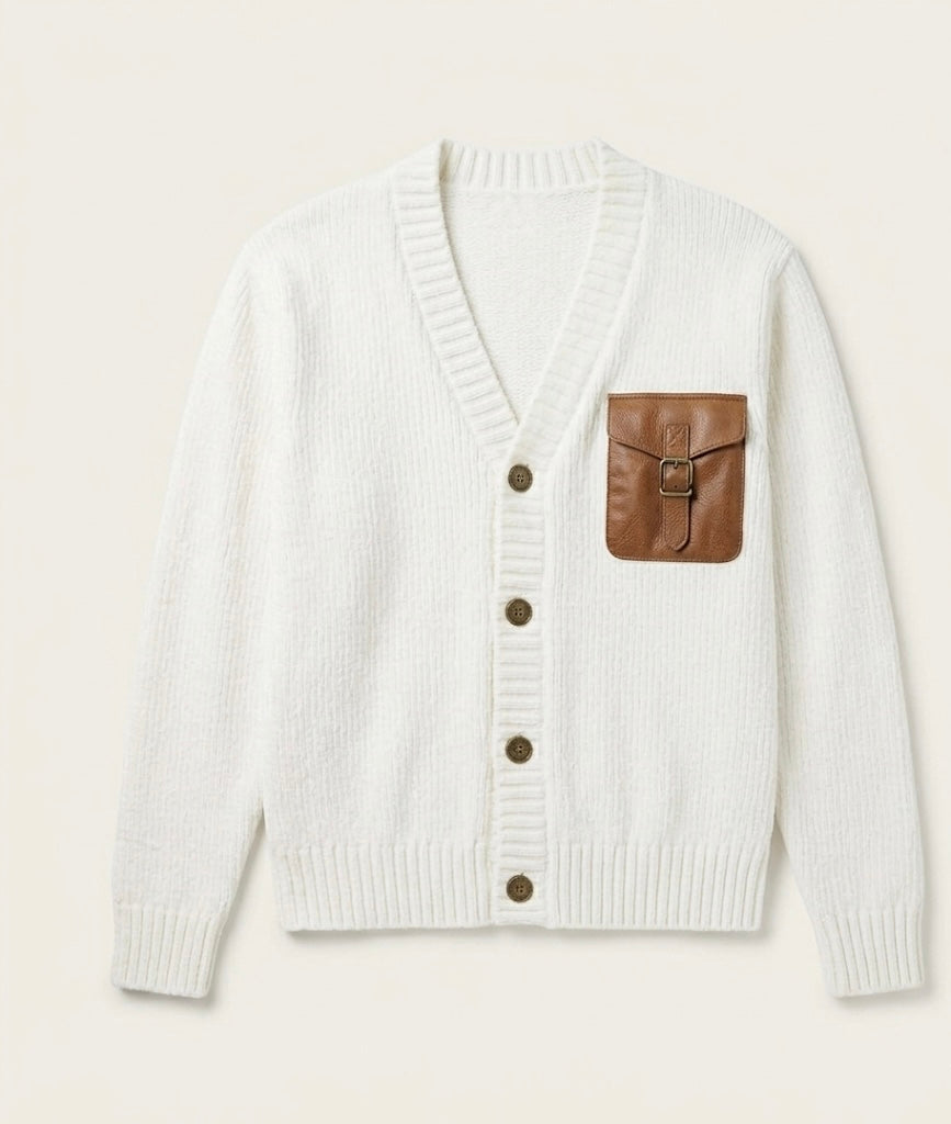 Vintage Tuft Cargo pocket Chenille Cardigan- Chalk & Cocoa