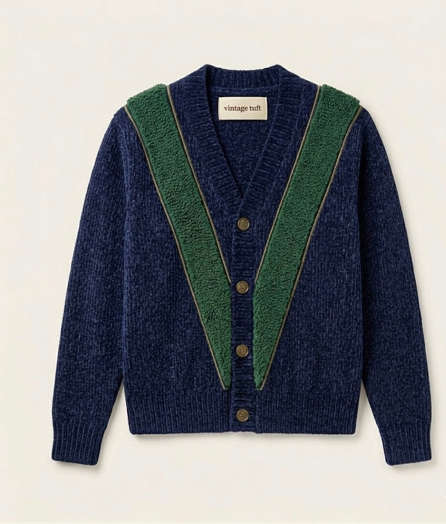 V-Line Chenille Cardigan- Navy Blue & Green