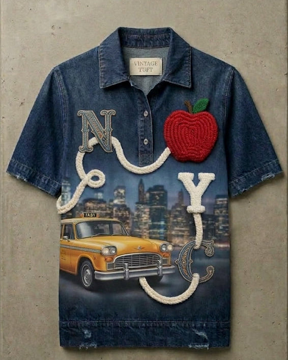 Denim shirt with New York-themed design on a gray surface, embroidered and tufted design