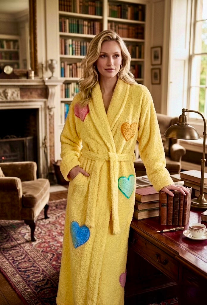 Woman wearing a yellow robe with colorful tufted heart  in a cozy room.